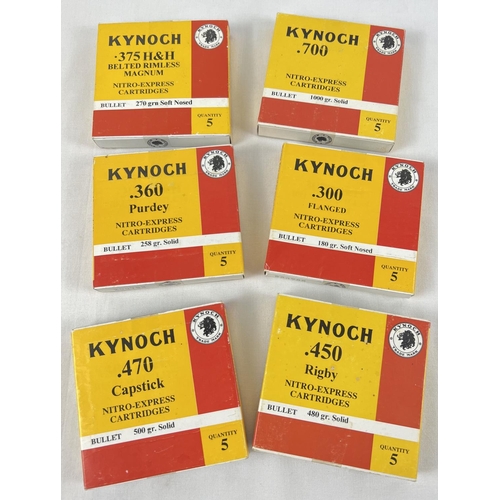 67 - 6 assorted empty Kynoch cartons for a variety of nitro express cartridges.