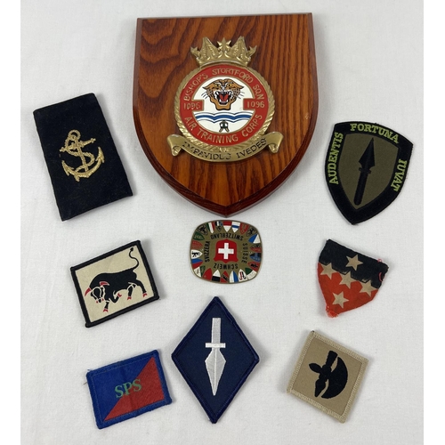 70 - A 1096 squadron Air Training Corps wooden plaque together with a quantity of assorted military cloth... 