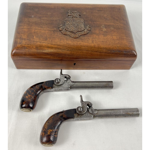 72 - A pair of 19th century Belgian, 54 bore percussion travelling pistols. With fully engraved barrels, ... 