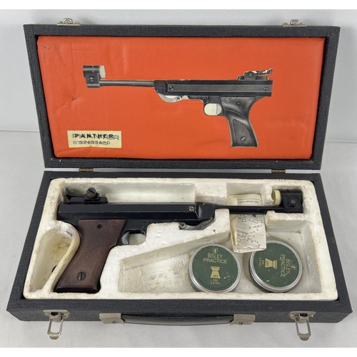 73 - A cased Panther Standard .177 rifled barrel air pistol. Complete with 2 tins of pellets. In working ... 