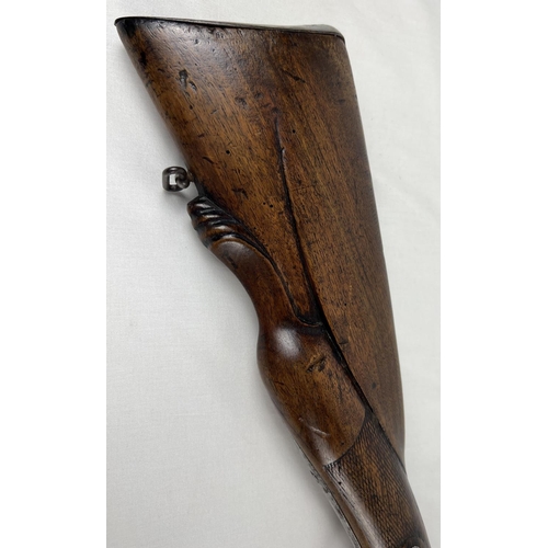 79 - A French Tangelier Borgets 12 bore double barrel percussion left hand shotgun. With engraved stock a... 