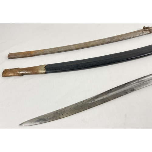 82 - An unmarked bayonette (approx. 72cm long), together with 2 curved sword scabbards.