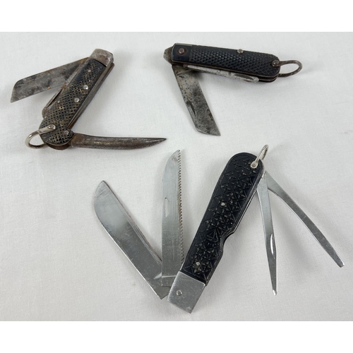 87 - 3 vintage penknife multitools. All with black grip handles and hanging loops. One with diamond mark ... 