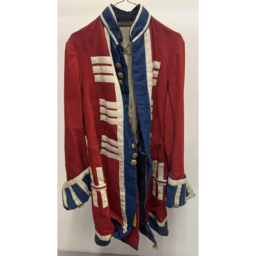 120 - A vintage red, white and blue re-enactment military style long coat with Victorian brass J Hammond &... 