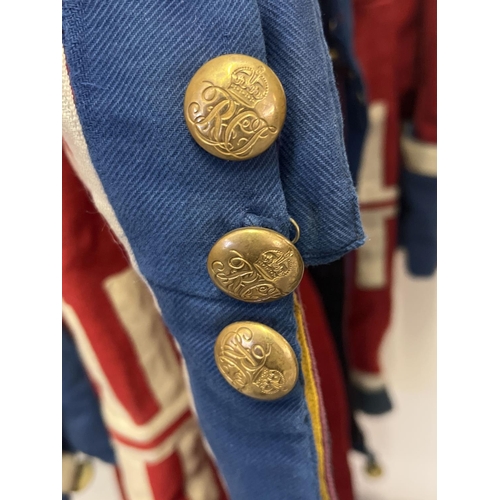 120 - A vintage red, white and blue re-enactment military style long coat with Victorian brass J Hammond &... 