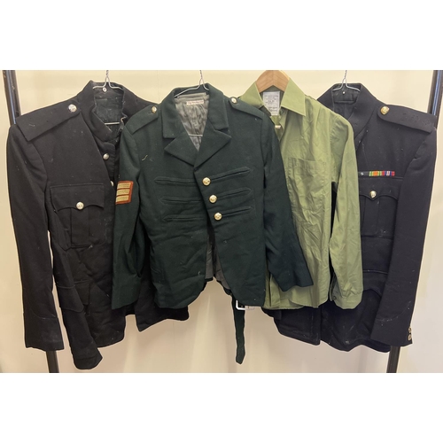 124 - 3 vintage military jackets together with a shirt. A black jacket with Royal engineers buttons, a gre... 
