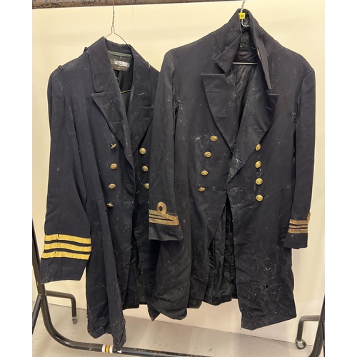 149 - 2 vintage Naval coats with brass naval buttons and stripes to sleeve cuffs (one bullion).