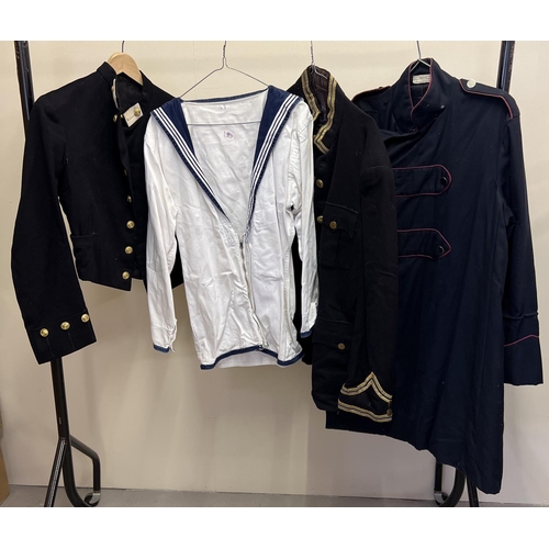 155 - 4 items of military style clothing to include navy tunic and naval short jacket with brass buttons.