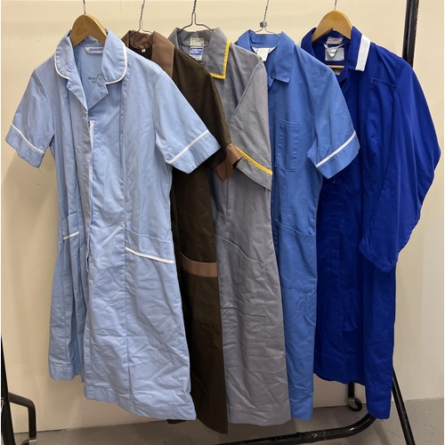 167 - 5 assorted nurses dresses and other similar uniforms, in varying colours.