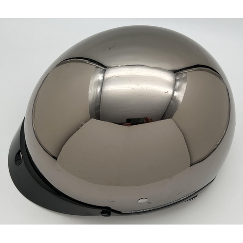 170 - A chrome metallic finish Harley Davidson Dot motorcycle helmet with black front peak. Size M.