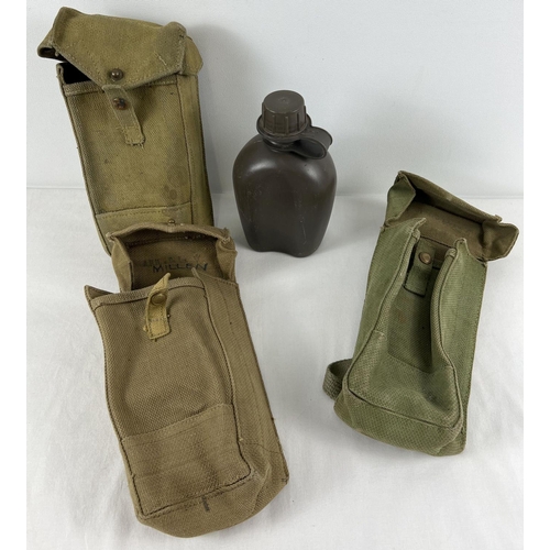 178 - 3 green canvas water bottle carriers, 1 with water bottle.
