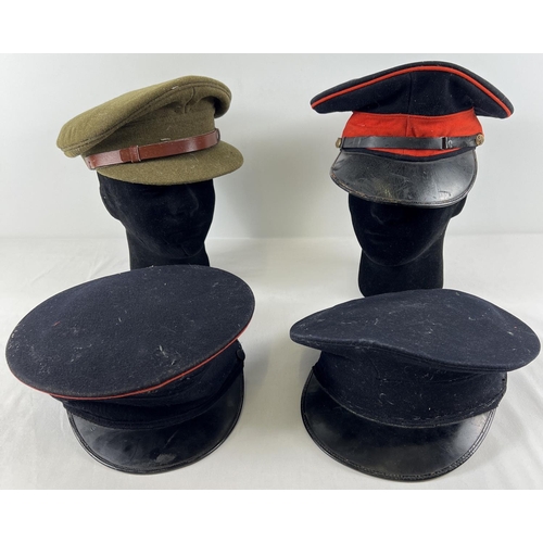 187 - 4 assorted military style peaked caps, to include WWI style British Army and red and blue cap with R... 