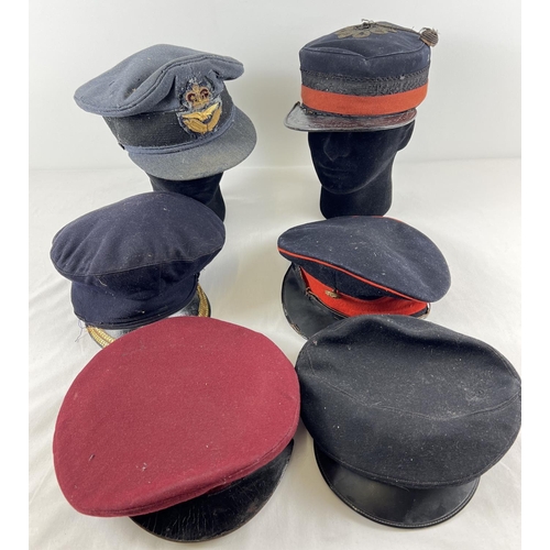 220 - 6 assorted vintage military style peaked hats to include RAF hat with Officers bullion badge, black ... 