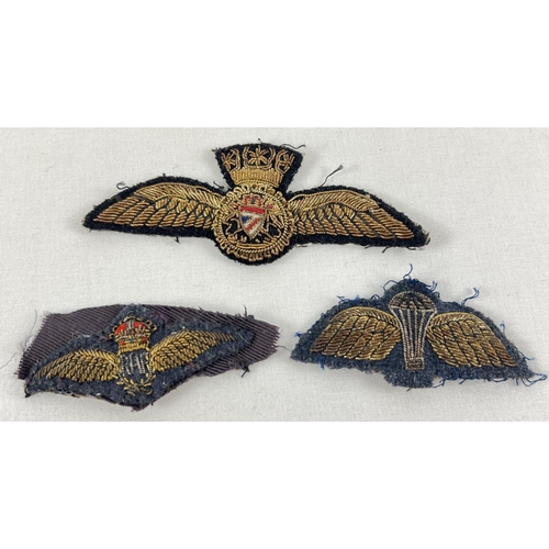 4 - 3 vintage bullion thread cloth RAF wings badges to include Parachute Regiment wings. Largest approx.... 
