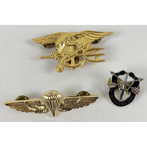 5 - 3 modern pin back US military badges to include US Special Forces and Navy Seal insignia's. Largest ... 