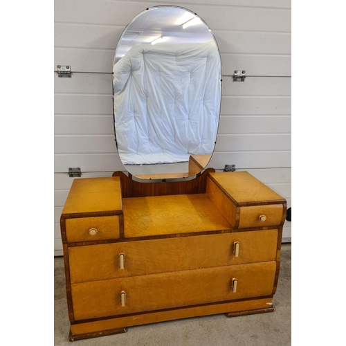 1299 - An Art Deco birds eye maple veneer bow fronted 4 piece bedroom suite. With inlaid banded detail and ... 