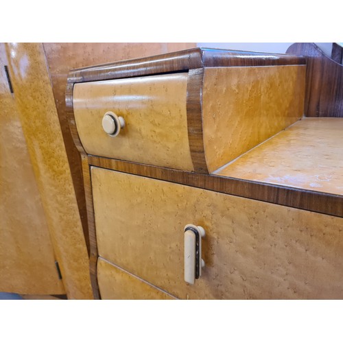 1299 - An Art Deco birds eye maple veneer bow fronted 4 piece bedroom suite. With inlaid banded detail and ... 