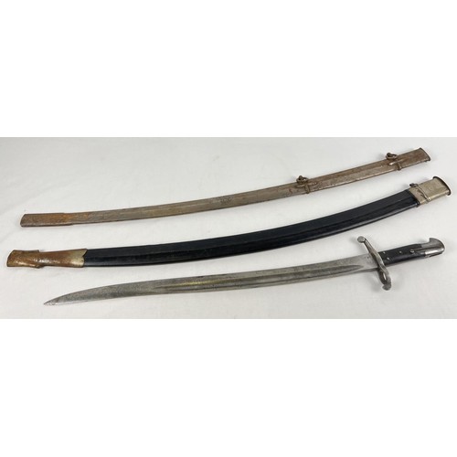 82 - An unmarked bayonette (approx. 72cm long), together with 2 curved sword scabbards.