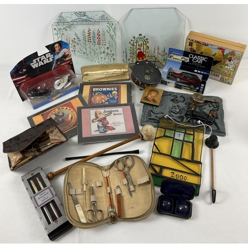 1253 - A box of mixed misc items. To include: painted glass panels, Star wars boxed diecast cars, vintage m... 