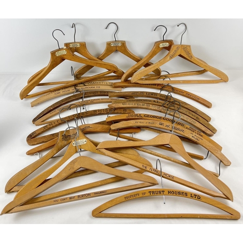 1254 - 22 vintage wooden advertising coat hangers for tailors, hotels and cleaners. To include: William Tur... 