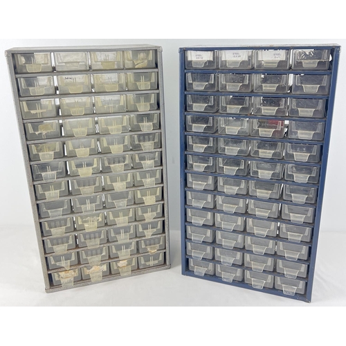 1296 - 2 vintage 48 tray metal workshop screw cabinets. One silver, one blue. Blue cabinet contains a numbe... 