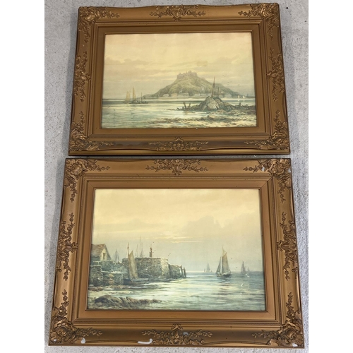 1282 - 2 gilt framed and glazed vintage nautical prints depicting costal scenes with small fishing boats. I... 