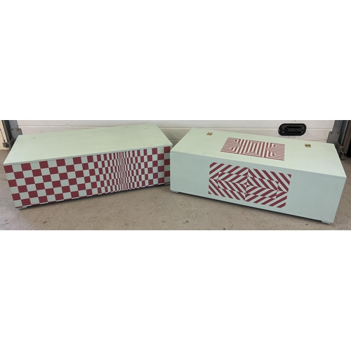 1325 - 2 large painted wooden storage/toy chests decorated with optical illusion patterns. Both with lift u... 