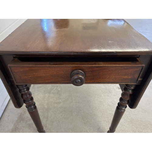 1330 - An antique mahogany Pembroke table with turned legs and drawer. Fully extended approx. 110 x 91cm.