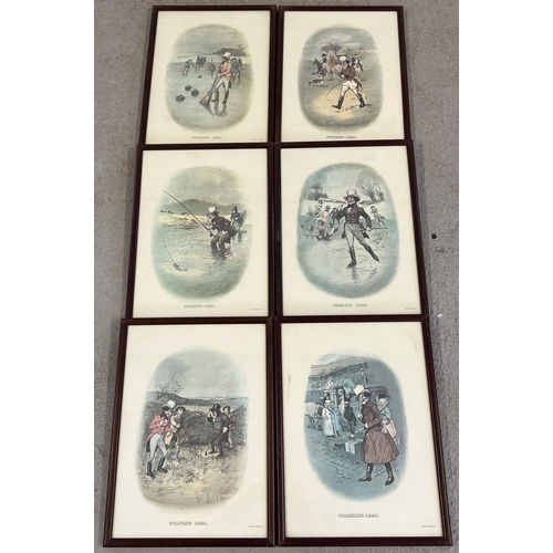 1285 - A set of six framed and glazed vintage prints depicting Victorian sports. To include: coaching, golf... 