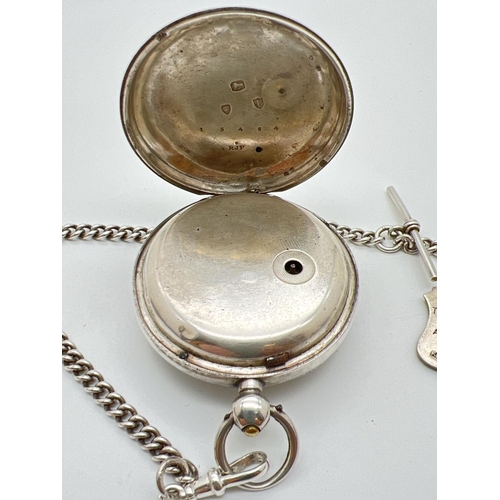 1104A - A Victorian fusee silver pocket watch, hallmarked London 1886. Complete with white metal Albert and ... 