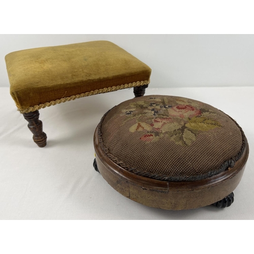 1245 - 2 antique footstools. A wooden framed circular stool raised on tripod ceramic bun feet and with need... 