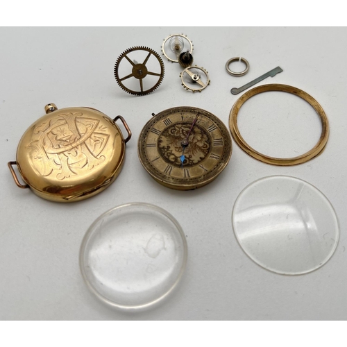 1105 - An antique 18ct gold pocket watch case with watch parts. Case has engraved initials BH to back. Worn... 