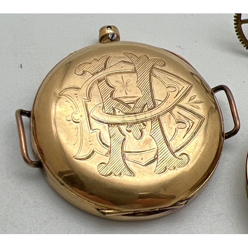 1105 - An antique 18ct gold pocket watch case with watch parts. Case has engraved initials BH to back. Worn... 