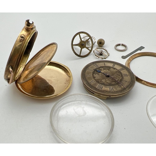 1105 - An antique 18ct gold pocket watch case with watch parts. Case has engraved initials BH to back. Worn... 