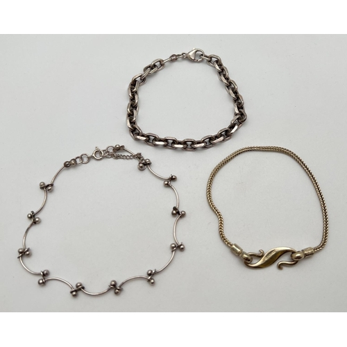 1019 - 3 silver bracelets. A wheat style silver gilt chain bracelet with hook and eye clasp. Together with ... 