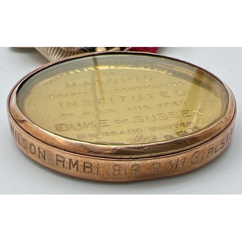 1251 - A boxed silver gilt Duke of Sussex charity Masonic watchcase jewel with 9ct gold engraved band. In F... 