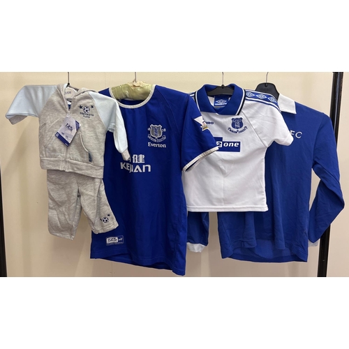 1228 - 3 childrens Everton FC t-shirts together with a babies 3 piece tracksuit (complete with tag). Compri... 