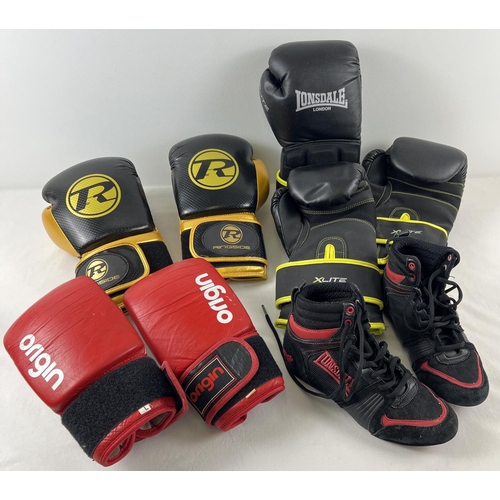 1230 - A collection of Boxing gloves to include: a pair of Ringside gold and black 14-oz; Lonsdale XLite bl... 