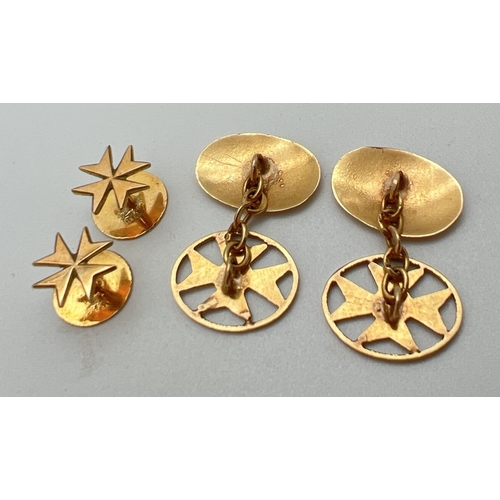 1004 - A pair of vintage yellow gold Maltese cross cuff links and 2 matching shirt studs. Indistinct marks ... 