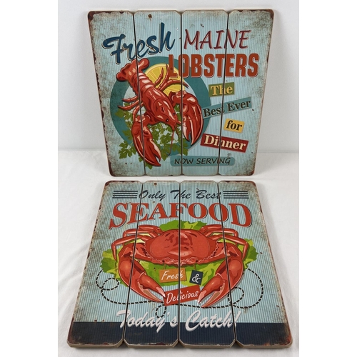 1253 - 2 modern wood panelled, wall hanging seafood signs. Each approx. 40cm x 40cm.