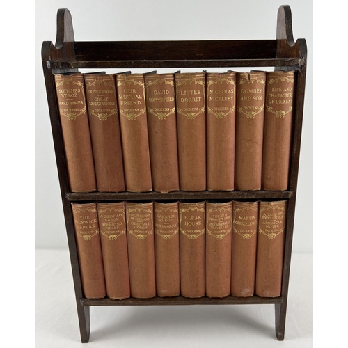 1195 - A small wooden shelf with 16 vintage cloth bound Charles Dickens books from Odhams Press. Shelf appr... 