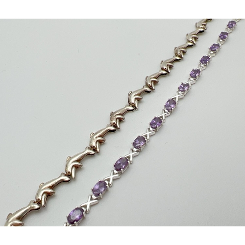 1079 - 2 silver modern design bracelets. A Hugs & Kisses bracelet set with purple cubic zirconia stones tog... 