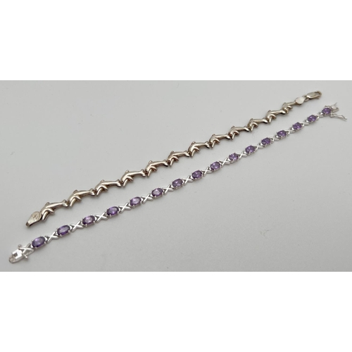 1079 - 2 silver modern design bracelets. A Hugs & Kisses bracelet set with purple cubic zirconia stones tog... 