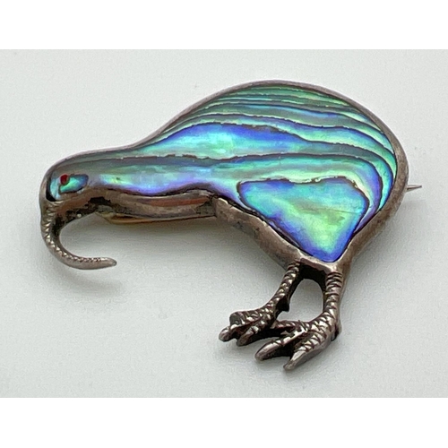 1090 - A vintage silver and abalone shell Kiwi bird brooch. Reverse marked 