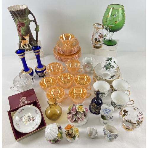 1174 - A box of assorted vintage ceramic and glass tea sets and ornaments. To include: Anchor Hocking 'Fire... 