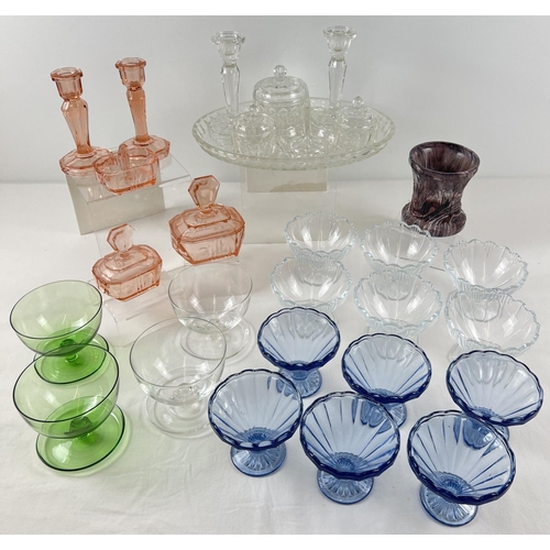 1190 - A collection of assorted vintage clear & coloured glass to include dressing table sets & stemmed fru... 