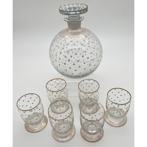 1191 - A mid century 1950's spherical glass decanter & matching glasses with white enamelled polka dot desi... 