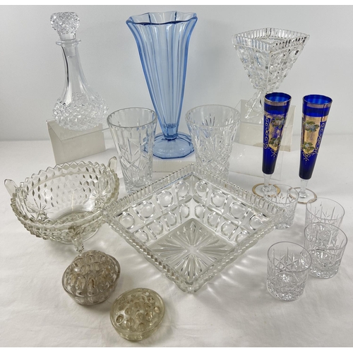 1192 - A box of vintage and more modern clear and coloured cut & pressed glass items. To include: decanter ... 