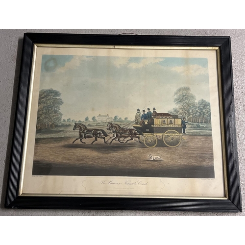 1280A - The Unicorn Norwich Coach - Victorian aquatint painted by Jas. Pollard; engraved by Chas. Hunt. Depi... 