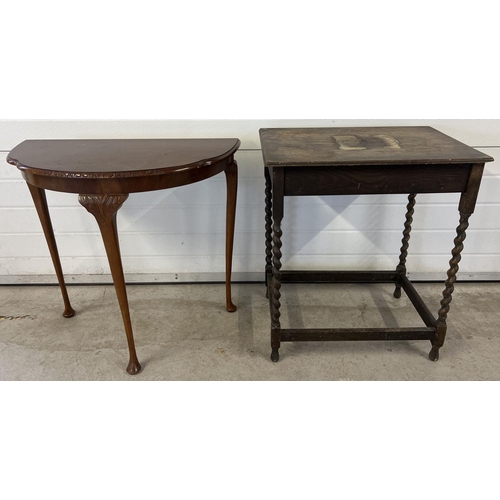 1303 - 2 vintage dark wood hall/occasional tables. A rectangular shaped barley twist table (some water stai... 